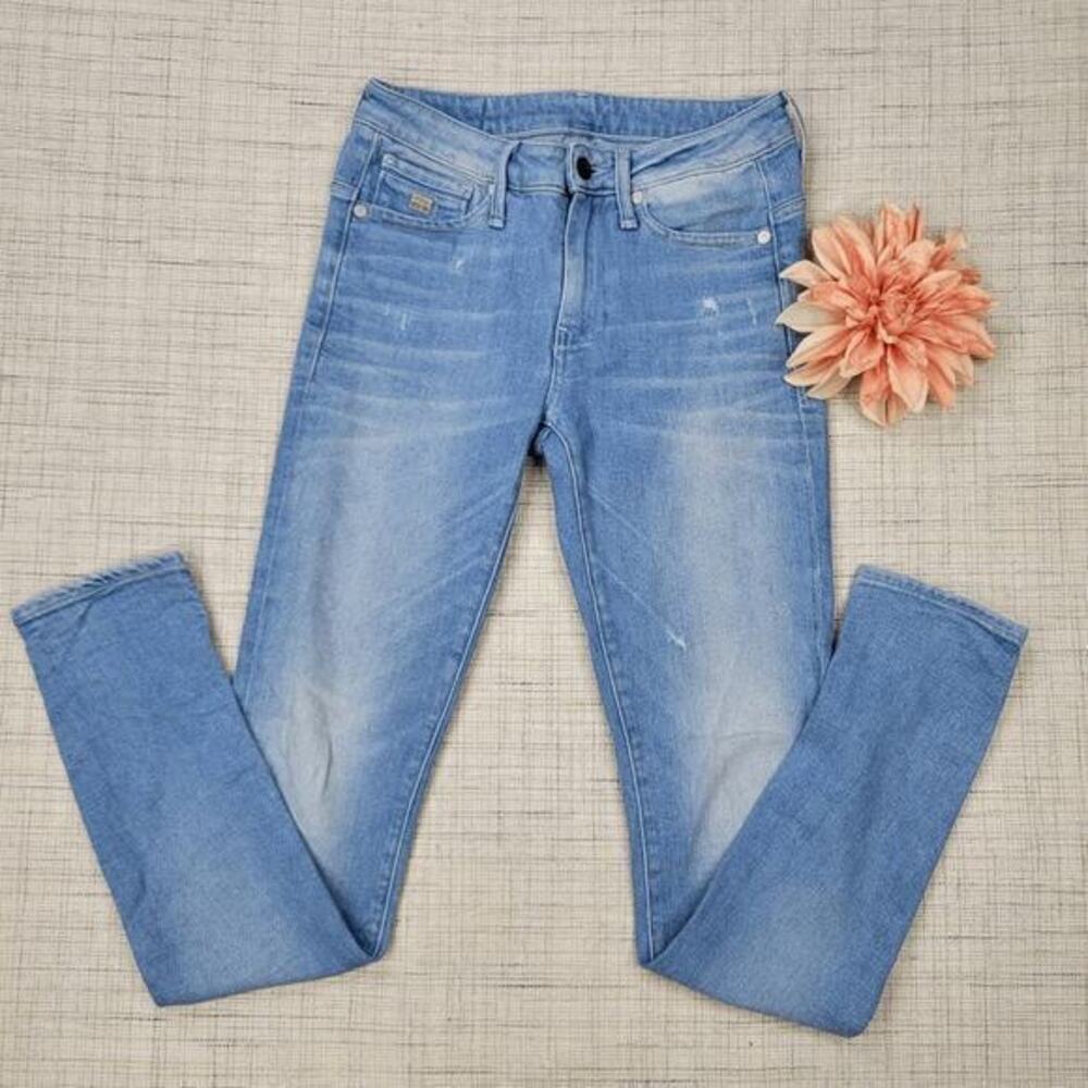 G Star Midge Zip Mid-Waist Light Vintage‎ Distressed Wash Skinny Jeans Size 26